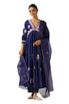 Label Earthen_Blue Cotton Mal Embroidery Floral V Flower Bloom Anarkali With Pant  _Online_at_Aza_Fashions