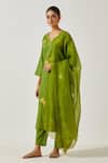 Buy_Label Earthen_Green Cotton Embroidery, Mirrors Split V-neck Resham Butti Kurta With Pant _at_Aza_Fashions