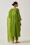 Shop_Label Earthen_Green Cotton Embroidery, Mirrors Split V-neck Resham Butti Kurta With Pant _at_Aza_Fashions