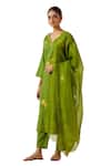 Label Earthen_Green Cotton Embroidery, Mirrors Split V-neck Resham Butti Kurta With Pant _Online_at_Aza_Fashions