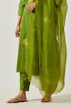 Label Earthen_Green Cotton Embroidery, Mirrors Split V-neck Resham Butti Kurta With Pant _at_Aza_Fashions