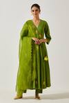 Buy Label Earthen Green Cotton Embroidery, Mirrors V-neck Resham Butti Anarkali With Pant at Aza Fashions Buy_Label Earthen_Green Cotton Embroidery, Mirrors V-neck Resham Butti Anarkali With Pant _at_Aza_Fashions