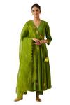 Label Earthen Green Cotton Embroidery, Mirrors V-neck Resham Butti Anarkali With Pant Online at Aza Fashions Label Earthen_Green Cotton Embroidery, Mirrors V-neck Resham Butti Anarkali With Pant _Online_at_Aza_Fashions