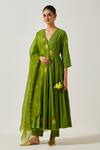 Buy Label Earthen Green Cotton Embroidery, Mirrors V-neck Resham Butti Anarkali With Pant Online at Aza Fashions Buy_Label Earthen_Green Cotton Embroidery, Mirrors V-neck Resham Butti Anarkali With Pant _Online_at_Aza_Fashions