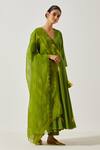 Shop Label Earthen Green Cotton Embroidery, Mirrors V-neck Resham Butti Anarkali With Pant Online at Aza Fashions Shop_Label Earthen_Green Cotton Embroidery, Mirrors V-neck Resham Butti Anarkali With Pant _Online_at_Aza_Fashions