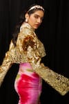 Shop_Mahima Mahajan_Gold Cotton Moss Embroidered Sequins Lapel Collar Alizeh Jacket _at_Aza_Fashions