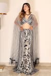 Shop_Mehul Gupta_Silver Net And Lycra Hand Embroidery Sequins V Neck Abstract Lehenga With Blouse _Online_at_Aza_Fashions