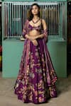 Buy_Irrau by Samir Mantri_Purple Dupion Printed And Hand Embroidered Tropical Vine Plunge Round Lehenga Set _at_Aza_Fashions