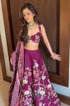 Buy_Irrau by Samir Mantri_Purple Dupion Printed And Hand Embroidered Tropical Vine Plunge Round Lehenga Set _Online