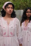 Label Earthen_Pink Jamdani Embroidered Floral Notched Kurta And Pant Set_at_Aza_Fashions