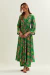 Shop_Label Earthen_Green Viscose Crepe Silk Floral V Neck Heze Pattern Anarkali With Pant _Online_at_Aza_Fashions