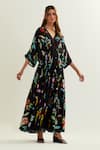 Label Earthen_Black Viscose Crepe Silk Print Florence V Neck Ceibo Kaftan  _Online_at_Aza_Fashions