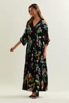 Shop_Label Earthen_Black Viscose Crepe Silk Print Florence V Neck Ceibo Kaftan  _Online_at_Aza_Fashions