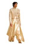 Shop_EEKSHA_Ivory Embroidered Dabka Zari Flared Asymmetric Sherwani With Belt _at_Aza_Fashions