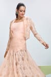 Nirmooha_Peach Chantilly Lace Solid Collar Jacket And Skirt Set _Online_at_Aza_Fashions