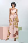 Buy_Nirmooha_Peach Modal Satin Printed Floral Sweetheart Crop Top And Pant Set _at_Aza_Fashions