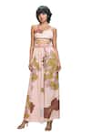 Nirmooha_Peach Modal Satin Printed Floral Sweetheart Crop Top And Pant Set _Online_at_Aza_Fashions