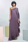 Buy_Nirmooha_Purple Modal Satin Hand Embroidered Sequins One Neck Kaftan _at_Aza_Fashions