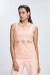 Nirmooha_Peach Top Chantilly Lace Solid Collar Sleeveless And Pant Set _Online_at_Aza_Fashions