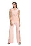 Shop_Nirmooha_Peach Top Chantilly Lace Solid Collar Sleeveless And Pant Set _Online_at_Aza_Fashions