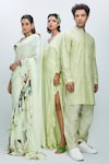 Buy_Nirmooha_Green Double Georgette Solid V Neck Flared Sleeve Kaftan 