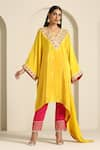 Buy_Wazir C_Yellow Crepe Embroidered Thread V-neck Aari Kaftan With Pant _at_Aza_Fashions