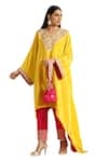 Shop_Wazir C_Yellow Crepe Embroidered Thread V-neck Aari Kaftan With Pant _Online_at_Aza_Fashions