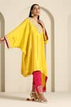 Buy_Wazir C_Yellow Crepe Embroidered Thread V-neck Aari Kaftan With Pant 