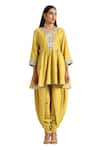 Shop_Wazir C_Yellow Muslin Embroidered Thread Aari Peplum Kurta With Dhoti Pant _Online_at_Aza_Fashions