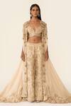 Buy_Varun Bahl_Gold Organza Embroidered Dori V Neck Floral Cape Trouser Set  _at_Aza_Fashions