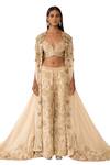 Varun Bahl_Gold Organza Embroidered Dori V Neck Floral Cape Trouser Set  _Online_at_Aza_Fashions