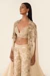 Varun Bahl_Gold Organza Embroidered Dori V Neck Floral Cape Trouser Set  _at_Aza_Fashions