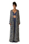 Varun Bahl_Blue Lurex Printed Floral V Neck Cape Trouser Set  _Online_at_Aza_Fashions