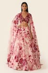 Buy_Varun Bahl_Pink Organza Printed Floral V Neck Embroidered Lehenga Set  _at_Aza_Fashions