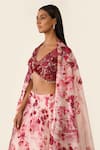 Buy_Varun Bahl_Pink Organza Printed Floral V Neck Embroidered Lehenga Set  