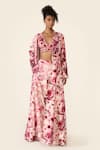 Buy_Varun Bahl_Pink Silk Dupion Printed Floral V Neck Embroidered Cape Trouser Set  _at_Aza_Fashions