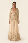 Buy_Varun Bahl_Gold Organza Embellished Dori V Neck Floral Peplum Top With Sharara  _at_Aza_Fashions