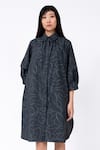 Leh Studios_Black 100% Cotton Print Leaf Collar Neck Abstract Fence Shirt Dress  _Online_at_Aza_Fashions