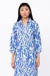 Leh Studios_Blue 100% Linen Print Wave Collar Neck Fence Shirt Dress  _Online_at_Aza_Fashions