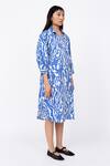 Buy_Leh Studios_Blue 100% Linen Print Wave Collar Neck Fence Shirt Dress  _Online_at_Aza_Fashions