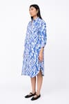 Shop_Leh Studios_Blue 100% Linen Print Wave Collar Neck Fence Shirt Dress  _Online_at_Aza_Fashions