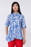 Buy_Leh Studios_Blue 100% Linen Print Wave Collar Neck Slide Top _at_Aza_Fashions