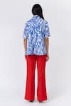 Shop_Leh Studios_Blue 100% Linen Print Wave Collar Neck Slide Top _at_Aza_Fashions