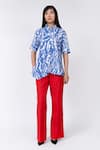 Leh Studios_Blue 100% Linen Print Wave Collar Neck Slide Top _Online_at_Aza_Fashions