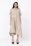 Leh Studios_Beige 100% Cotton Embellished Channel Pintucked Hanker Shirt Dress _Online_at_Aza_Fashions