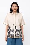 Buy_Leh Studios_Beige 100% Cotton Print Dawn Collar Neck Shell Shirt _at_Aza_Fashions