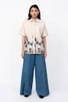 Leh Studios_Beige 100% Cotton Print Dawn Collar Neck Shell Shirt _Online_at_Aza_Fashions