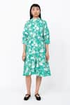 Buy_Leh Studios_Green 100% Cotton Print Fisherman Collar Neck Drawstring Dress  _at_Aza_Fashions