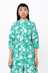 Leh Studios_Green 100% Cotton Print Fisherman Collar Neck Drawstring Dress  _Online_at_Aza_Fashions