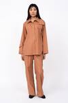 Leh Studios_Orange 100% Cotton Solid Collar Husk Stitch Line Detail Tunic Shirt _Online_at_Aza_Fashions